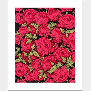 Red Peonies with Gold Leaves Posters and Art